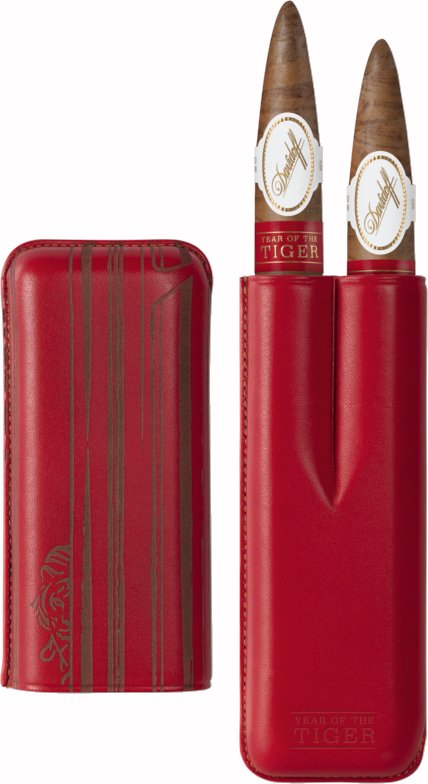 Davidoff Kalbsleder Zigarrenetui Year of the Tiger Edition XL 2 rot (119495) offen mit Zigarren
