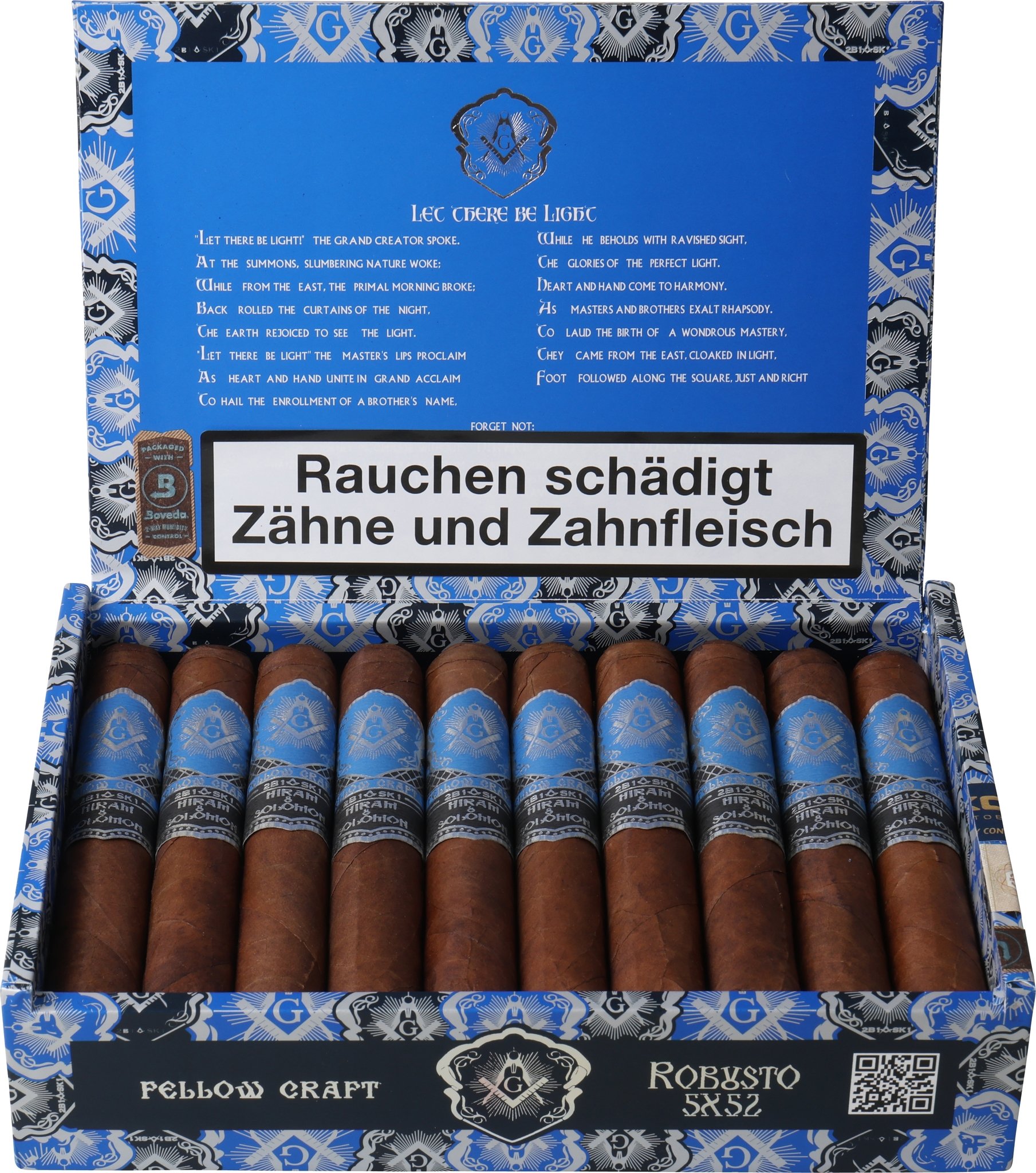 Hiram & Solomon Zigarren Fellow Craft Oscuro Robusto Kiste Frontal offen