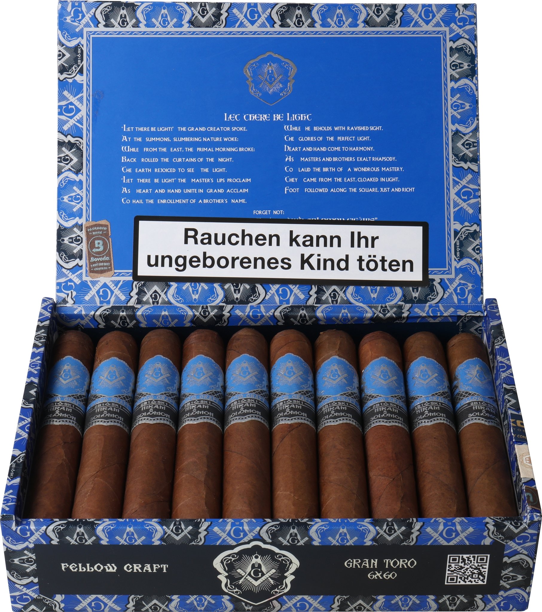 Hiram & Solomon Zigarren Fellow Craft Oscuro Gran Toro 20er Kiste Front offen