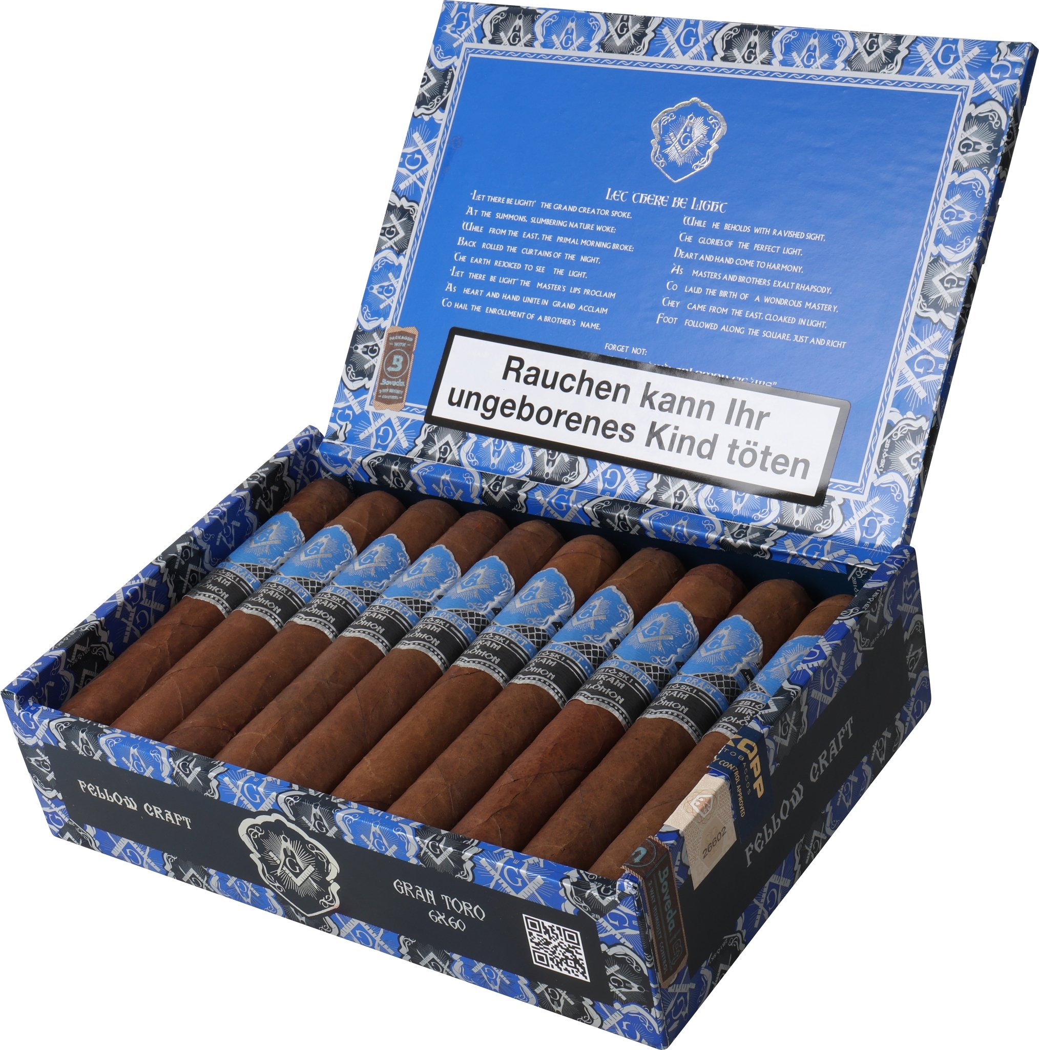 Hiram & Solomon Zigarren Fellow Craft Oscuro Gran Toro 20er Kiste seitlich offen