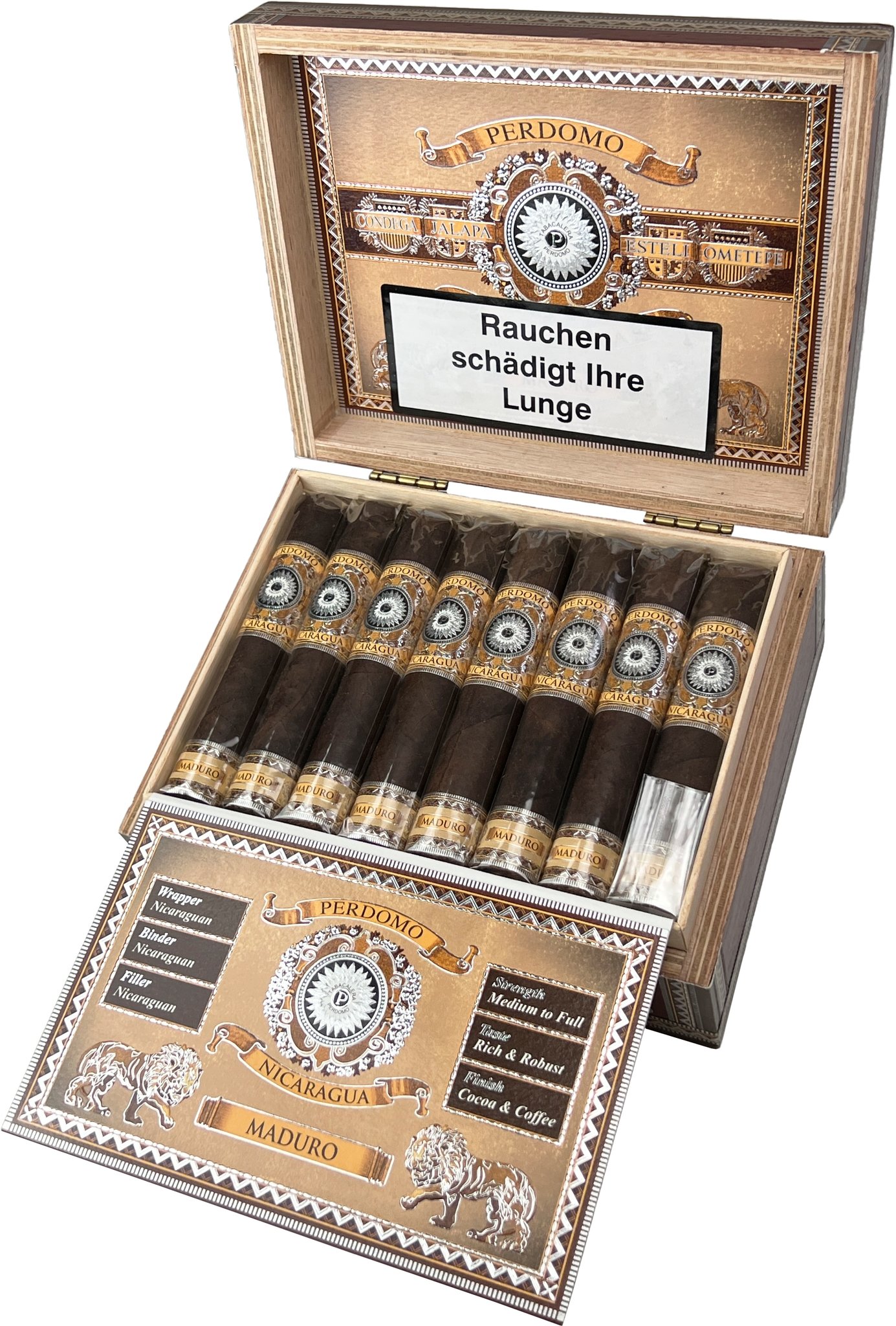 Perdomo Nicaragua Bourbon Barrel Aged (BBA) Robusto (Maduro) Kiste offen