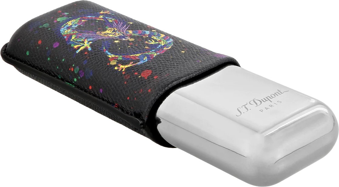 S.T. Dupont Zigarrenetui Metall 2er Dragon schwarz chrome (183277) liegend