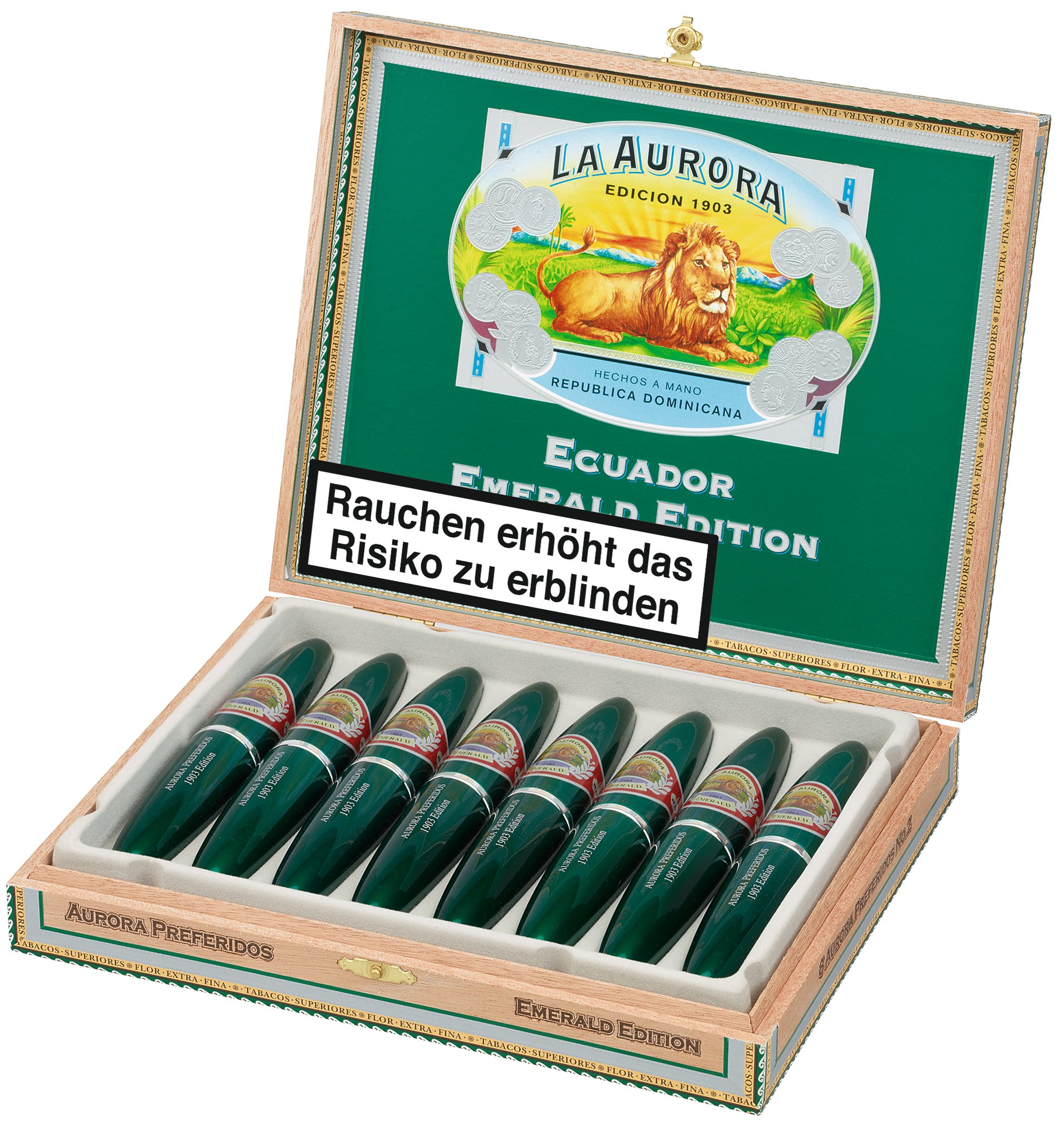 La Aurora Preferidos 1903 Tubos No. 2 Emerald Ecuador (Grün) Kiste offen
