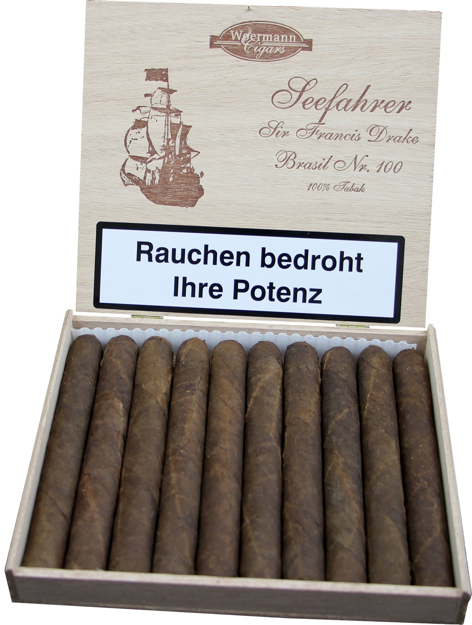 Woermann Cigars Seefahrer Corona 100% Tabak Sir Francis Drake Brasil No. 100 (10er Kiste) offen