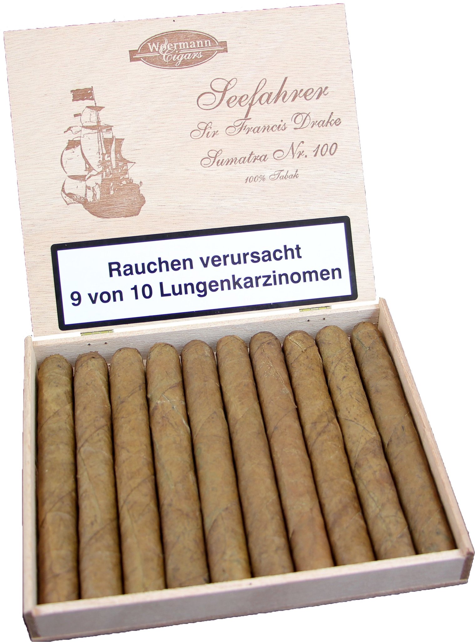 Woermann Cigars Seefahrer Corona 100% Tabak Sir Francis Drake Sumatra No. 100 (10er Kiste) offen